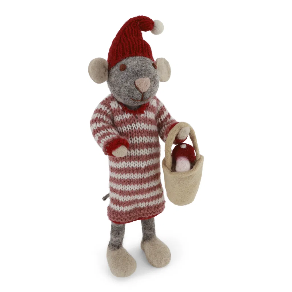 Gry & Sif Weihnachtsmaus „graue Maus / Mädchen, Korb mit Pilz“ 27cm.webp