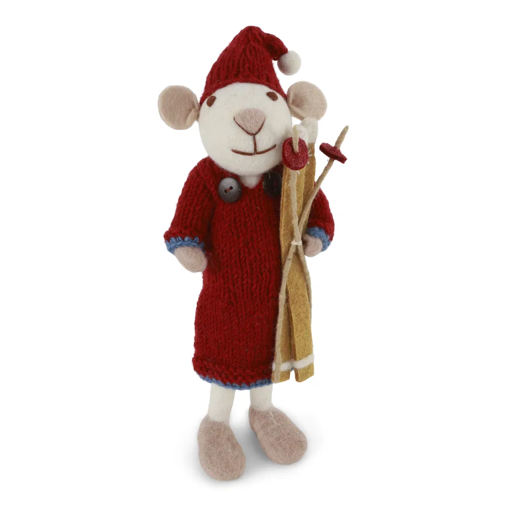 Gry & Sif Weihnachtsmaus „weiße Maus / Mädchen mit rotem Kleid und Skiern“ 27cm