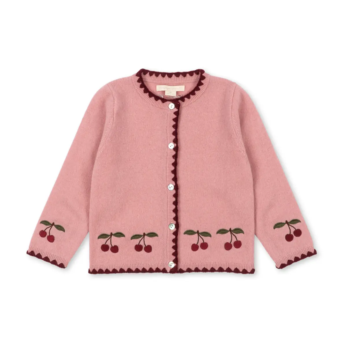 Konges Sløjd Strickjacke Collette „Pale Blush“ – Vorderansicht mit Kirschen