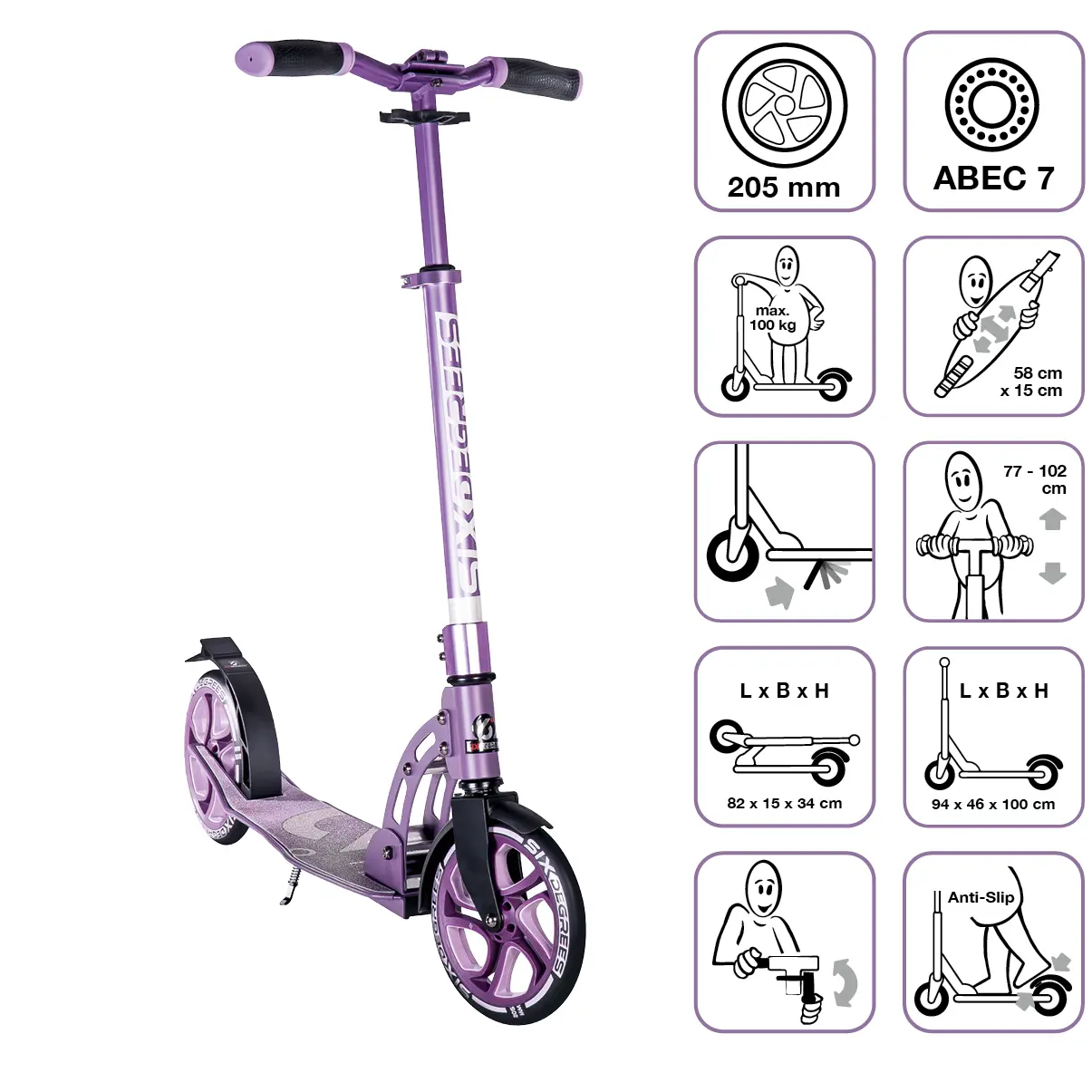 Six Degrees Aluminium Scooter 205 mm - Lila ohne Testsieger Logo