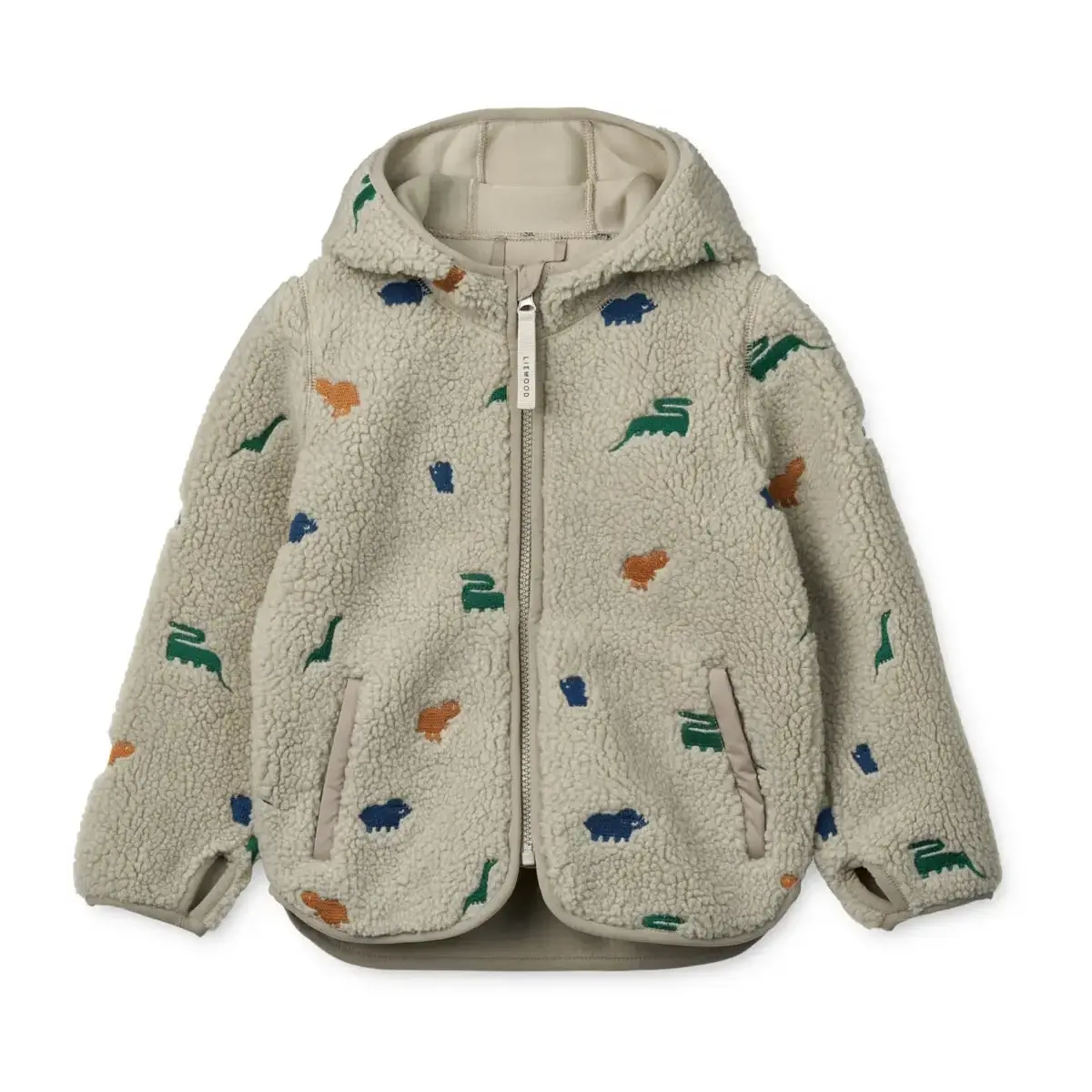 Liewood Mara Sherpa Jacke mit Kapuze „Dinosaur / Nebelgrau embroidery“