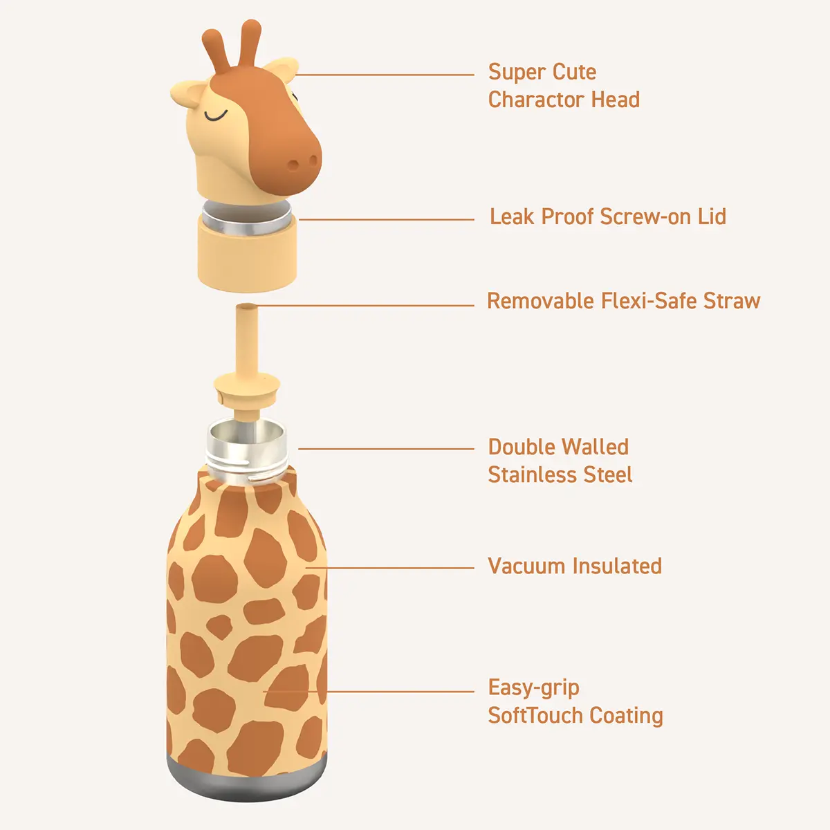 ASOBU Bestie Trinkflasche „Zippy die Giraffe“, 460 ml