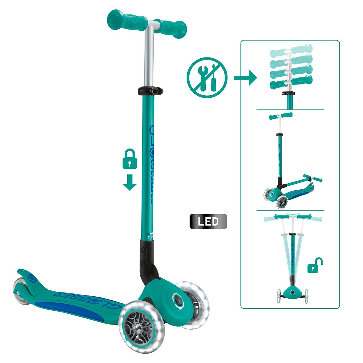 Globber Roller Primo Foldable Plus Lights mit Leuchtrollen – Türkis-Dunkelblau, 3-9 Jahre
