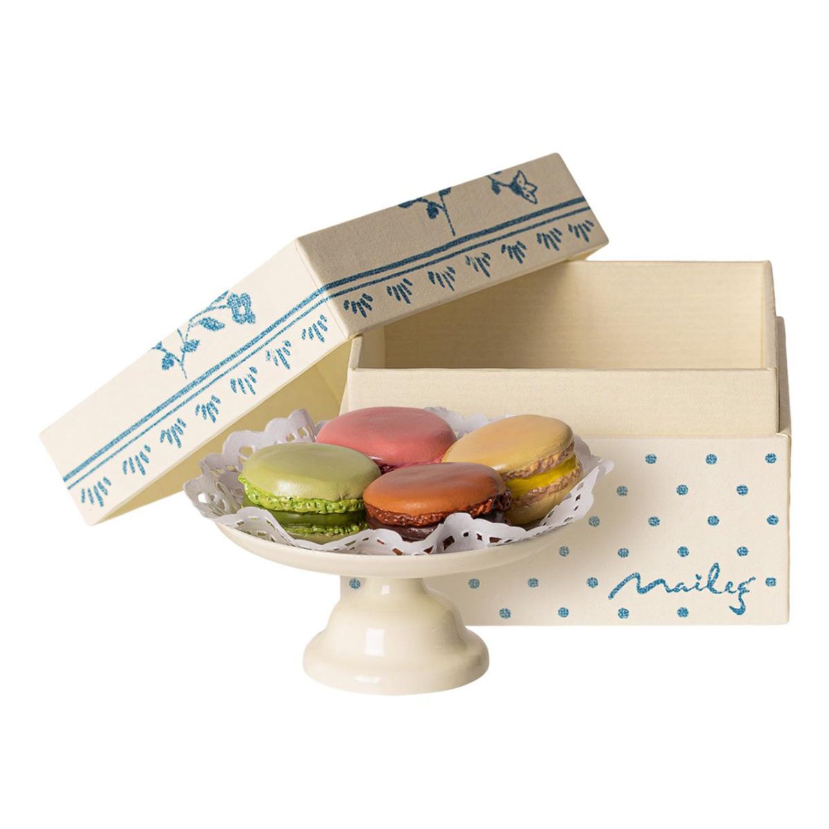 Maileg Macarons mit Kuchenständer und Karton