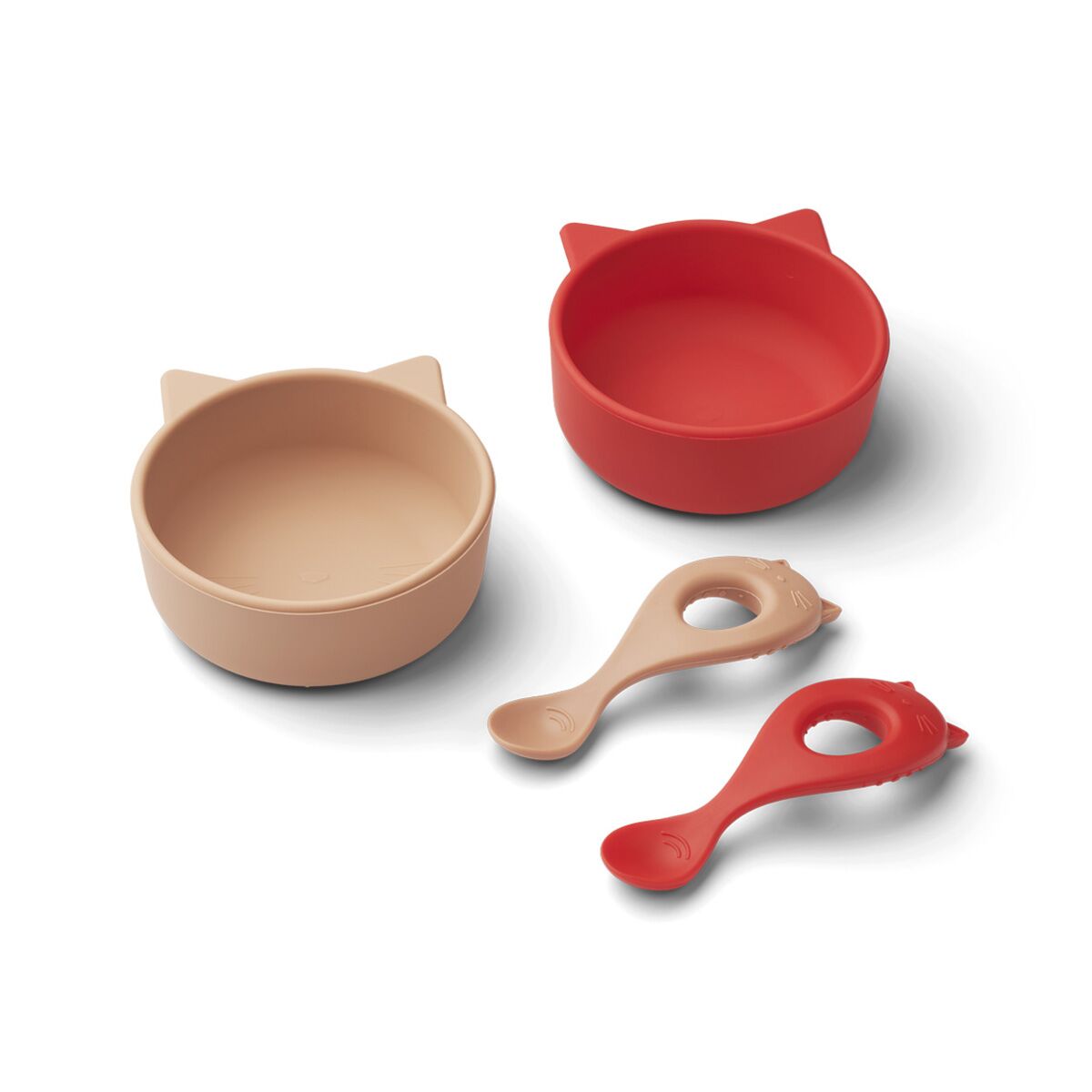 Liewood Evan Silikon Schlüssel-Löffel-Set Baby „Cat apple red / tuscany rose mix“, 4-teilig