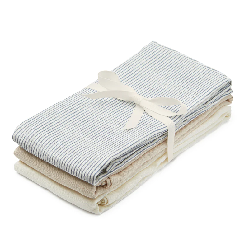 Cam Cam Mulltuch „Classic Stripes Blue“, 3er-Set, GOTS, 70x70cm