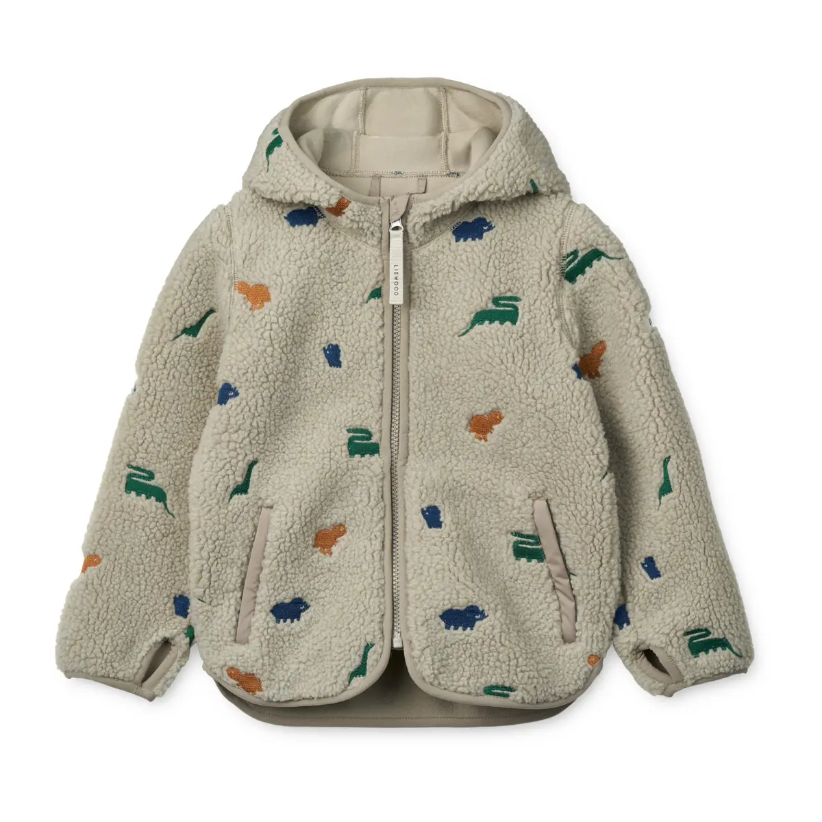 Liewood Mara Sherpa Jacke mit Kapuze und Ohren „Dino / Nebelgrau embroidery“