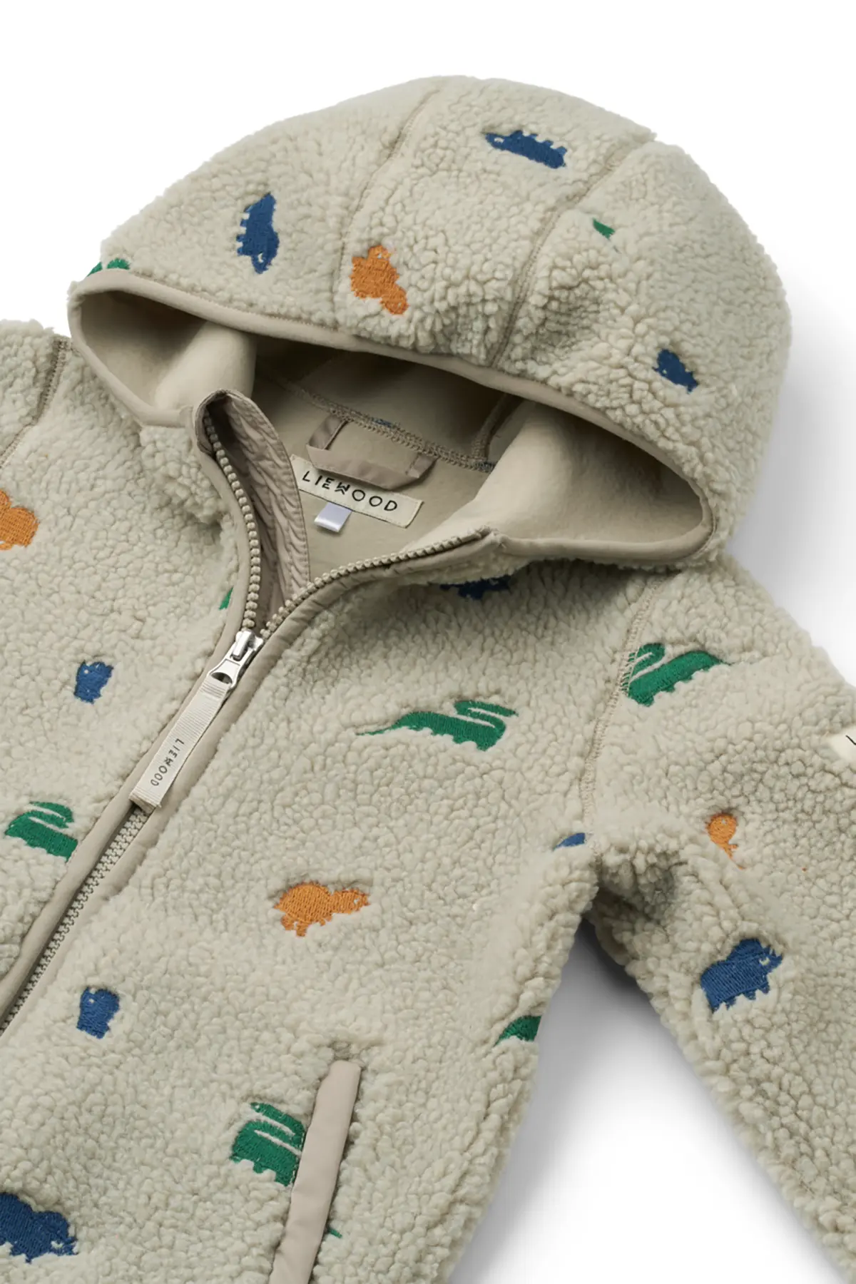 Liewood Mara Sherpa Jacke mit Kapuze und Ohren „Dino / Nebelgrau embroidery“