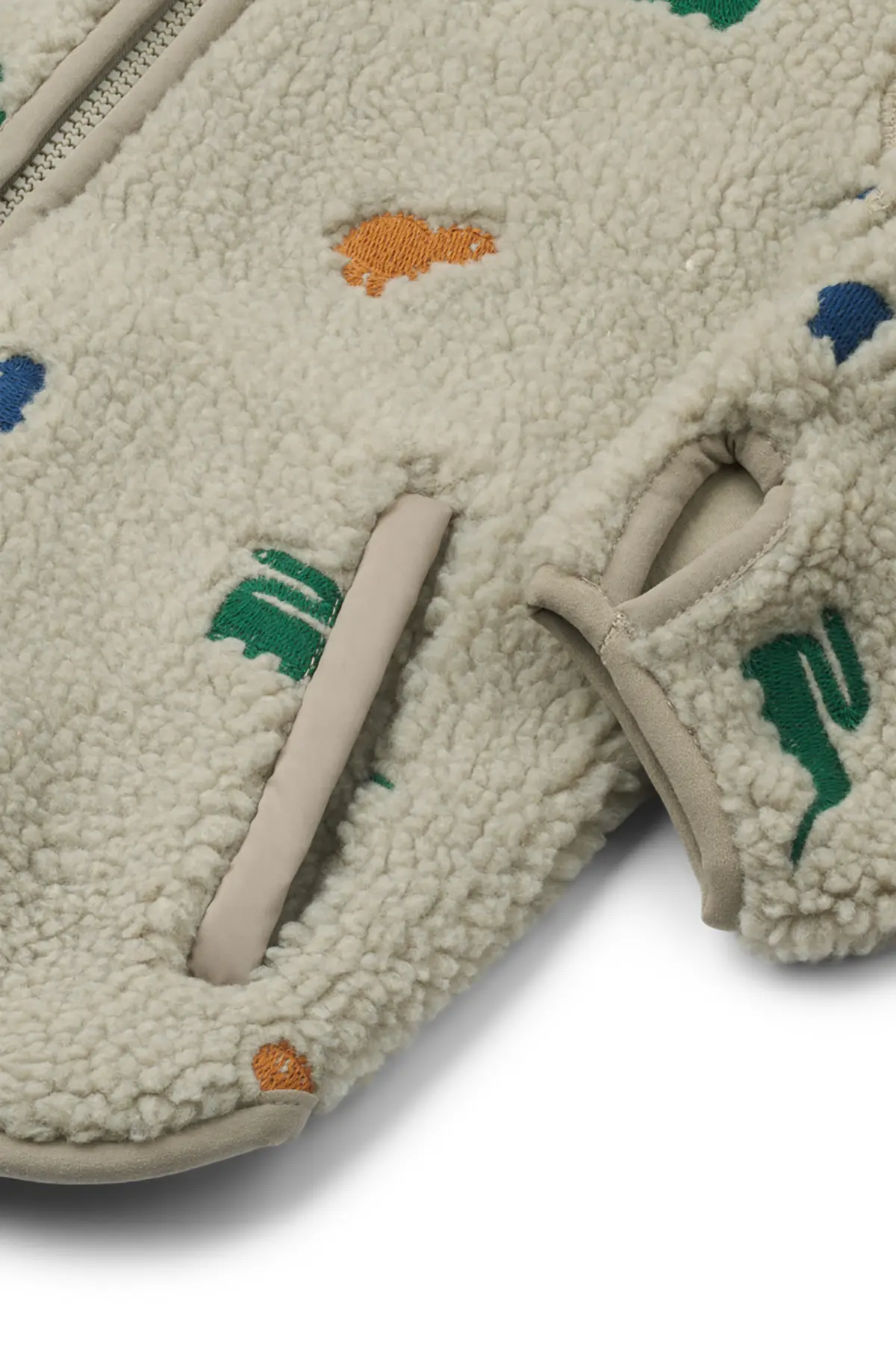 Liewood Mara Sherpa Jacke mit Kapuze und Ohren „Dino / Nebelgrau embroidery“