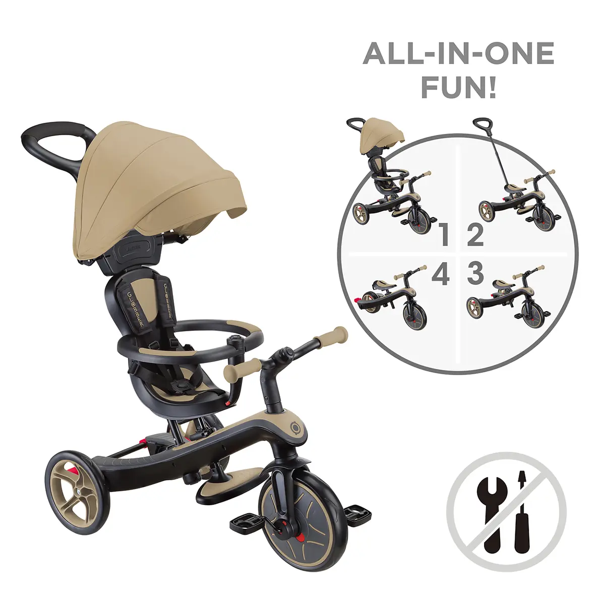 Globber Trike Explorer 4-in-1 – Sand, 10M-5J, mitwachsendes Dreirad (neue Version)