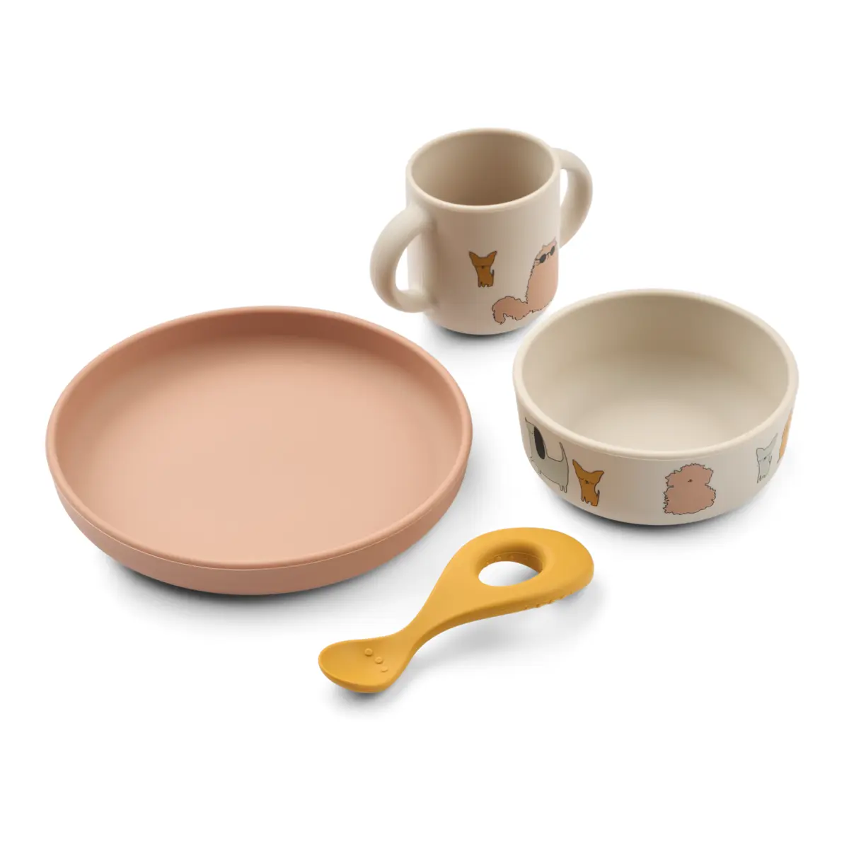 Liewood Vivi Silikon Geschirr-Set „Cats and Dogs / Sandy“, 4er-Set