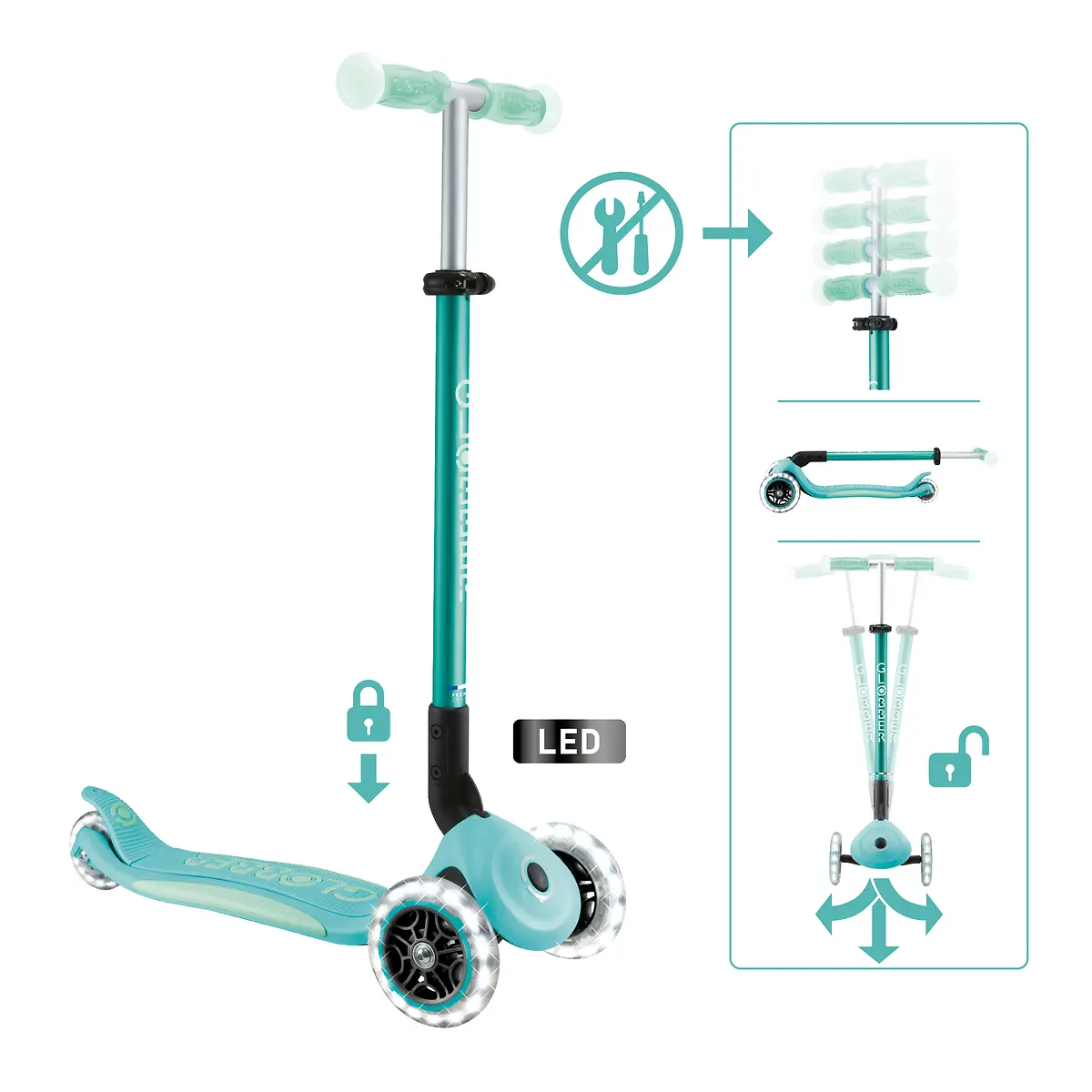 Globber Roller Elite Glow Lights mit Leuchtrollen – Dunkelmint, ab 3 Jahre