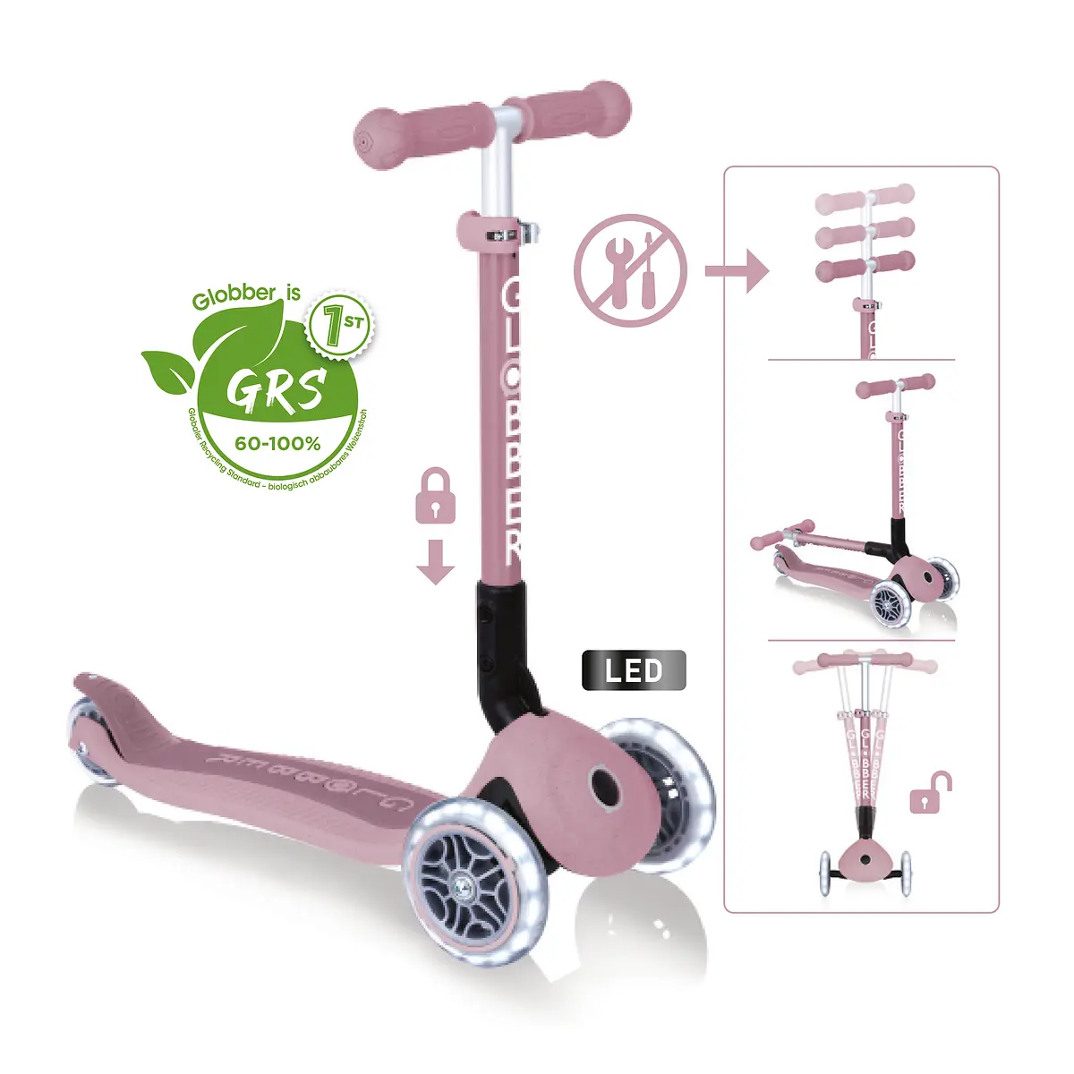 Globber Roller Junior Foldable Lights ECO mit Leuchtrollen – Beere, 2-6 Jahre, Modell 2025