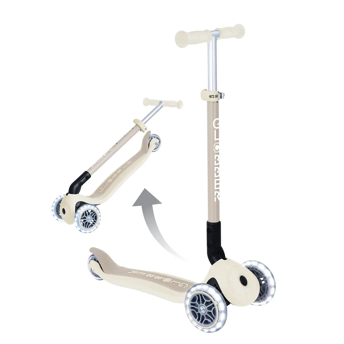 Globber Roller Primo Foldable Plus Lights ECO mit Leuchtrollen – Kokos-Weiß, 3-9 Jahre