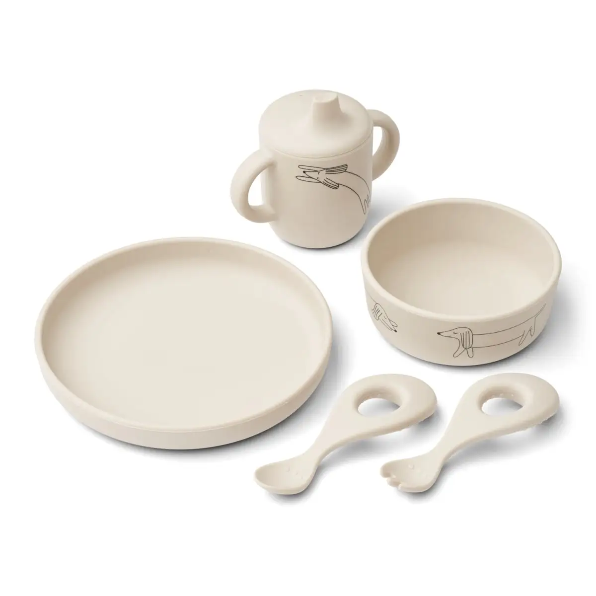 Liewood Baby-Geschirrset Ryle „Dog / Sandy“, Silikon, 5-teiig