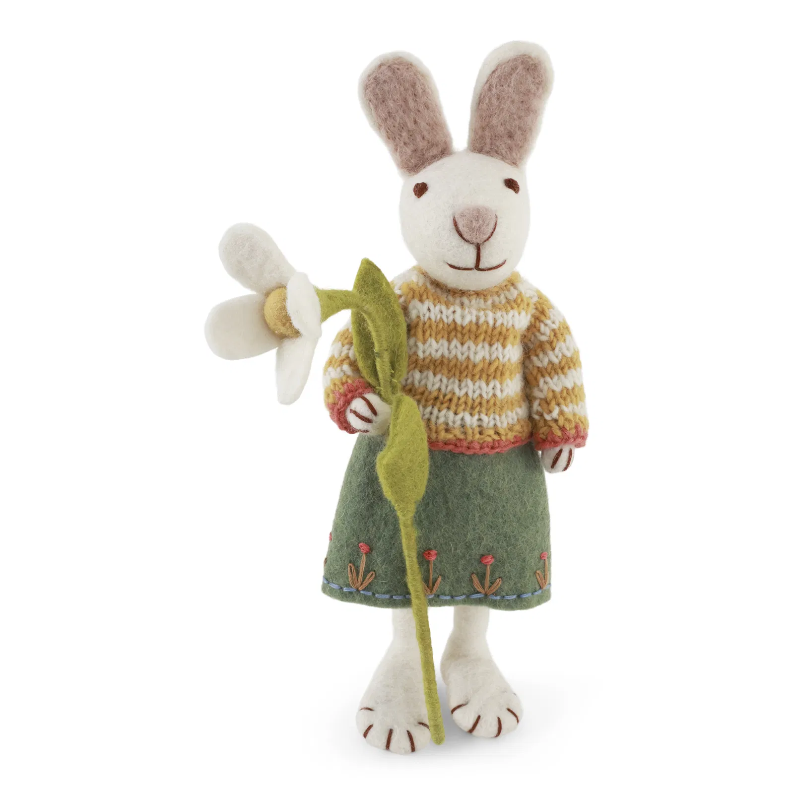 Gry & Sif Hasenfamilie „weißer Hase mit Pullover, Rock und Schneeglöckchen“ H27cm