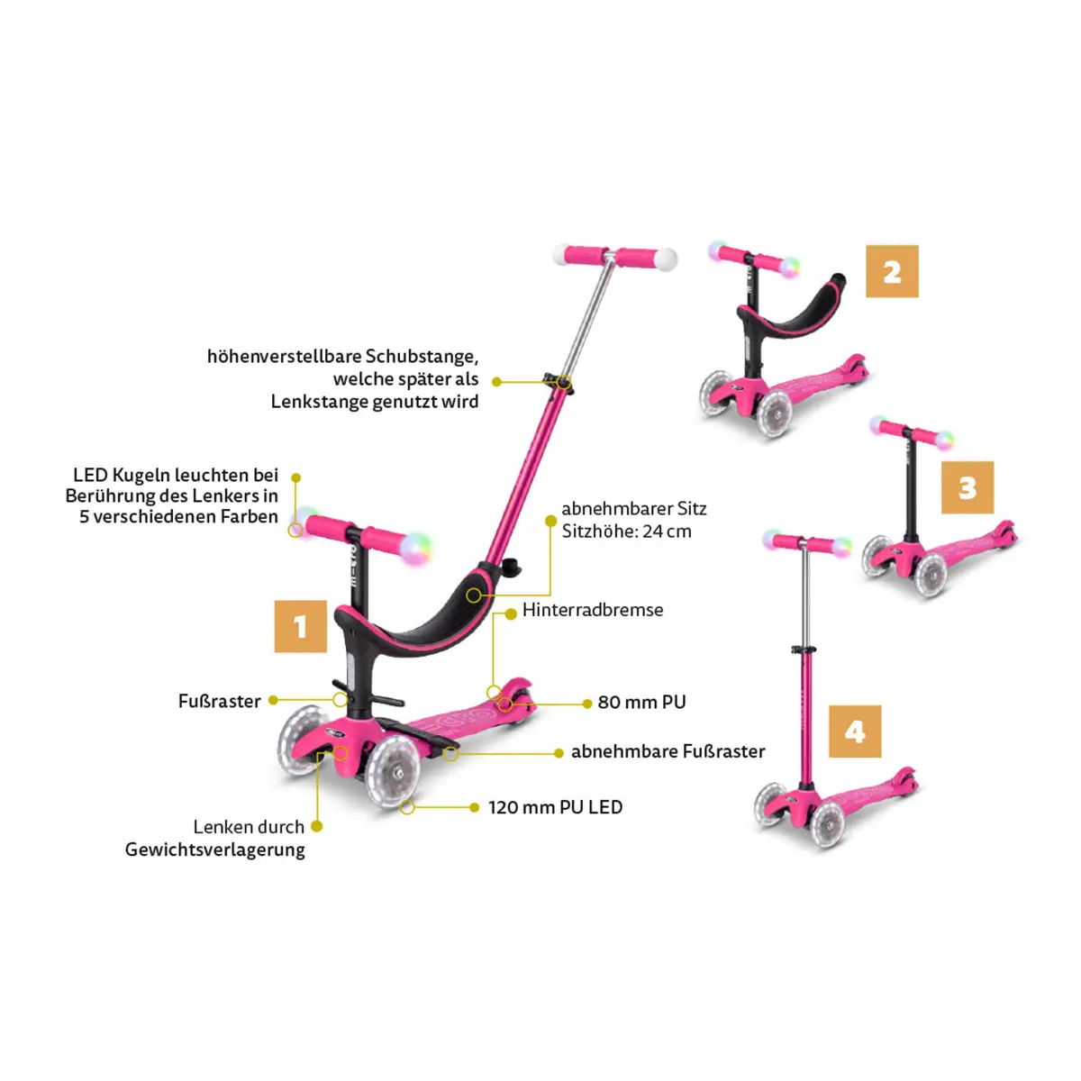 Micro Mobility mini2grow deluxe magic LED „pink“, 3-in-1
