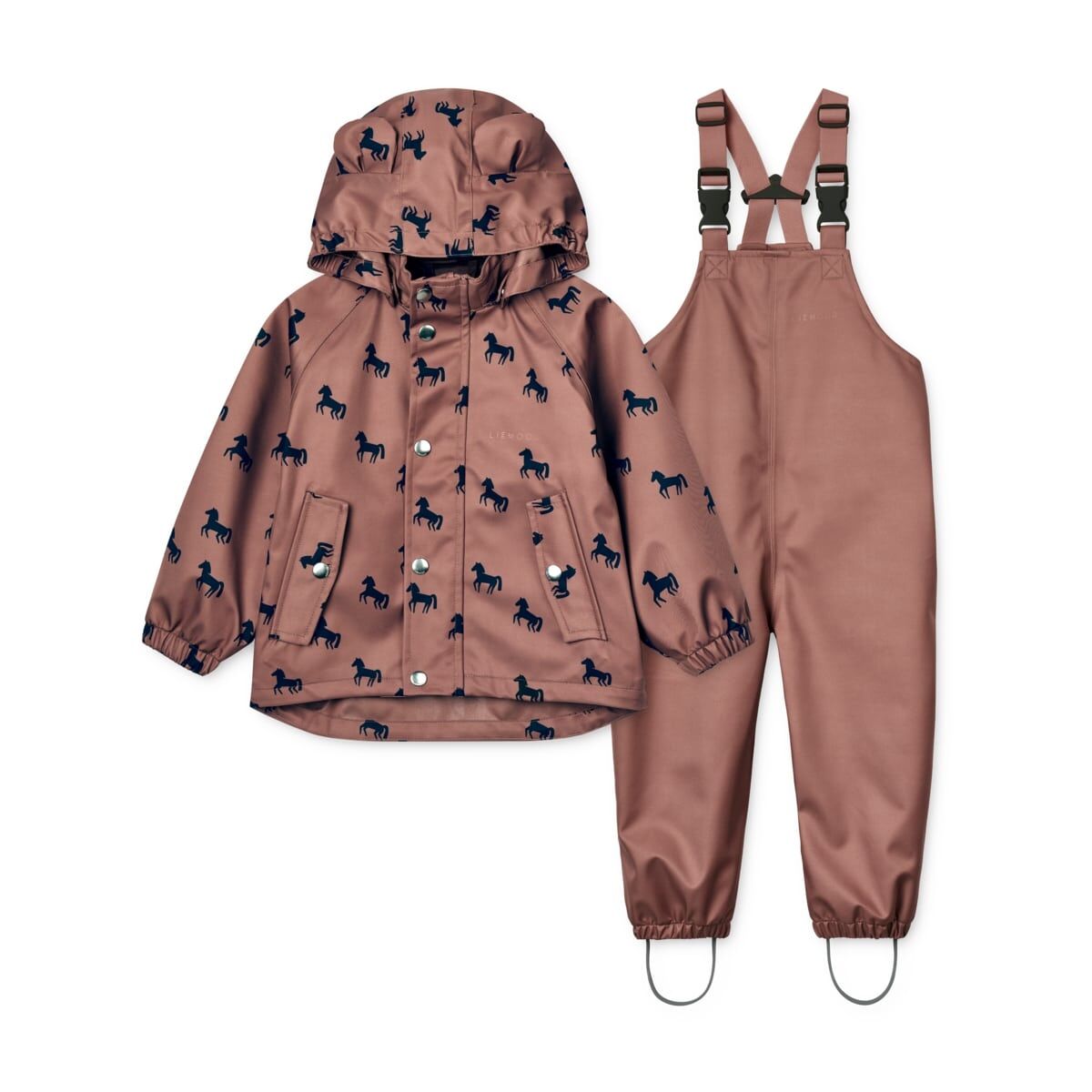 Liewood Dakota Regenbekleidungs-Set „Horses / Dark rosetta“