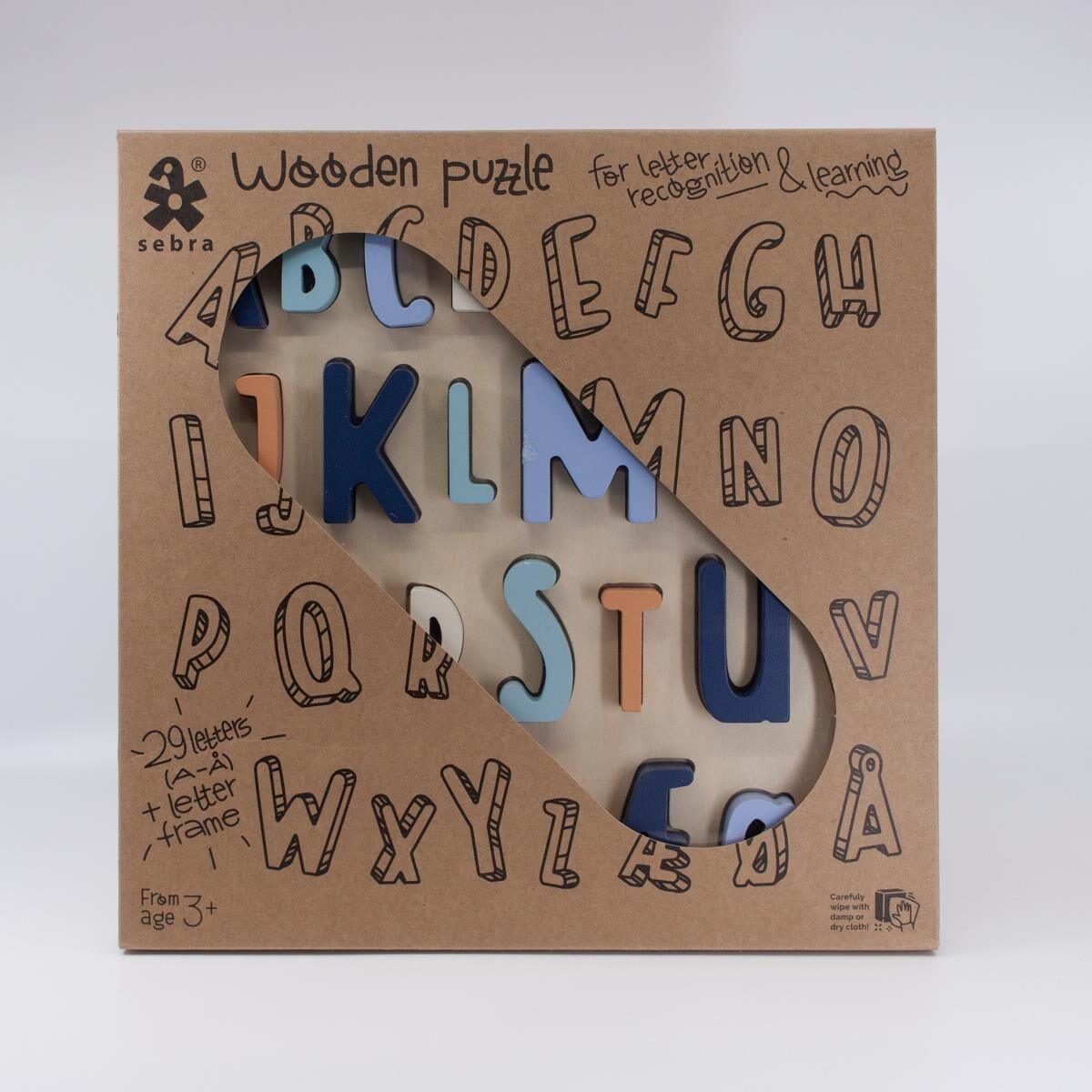 Sebra ABC-Puzzle aus Holz „Denim Blue“ Verpackung